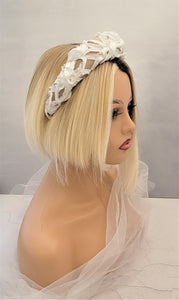 White ribbon and Beige Silk Padded Headband