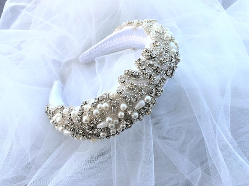 Silk Jewelled Headband, Diamante Halo Crown, Bridal Headpiece, 4 cms wide