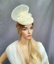 Load image into Gallery viewer, Beige Pillbox Hat Fascinator, with Cream Swirl, Percher hat, Kentucky Derby, Mother of the bride,  Races Headpiece