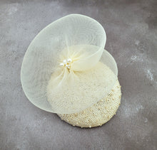 Load image into Gallery viewer, Beige Pillbox Hat Fascinator, with Cream Swirl, Percher hat, Kentucky Derby, Mother of the bride,  Races Headpiece