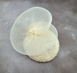 Beige Pillbox Hat Fascinator, with Cream Swirl, Percher hat, Kentucky Derby, Mother of the bride,  Races Headpiece