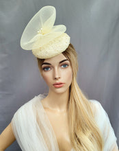 Load image into Gallery viewer, Beige Pillbox Hat Fascinator, with Cream Swirl, Percher hat, Kentucky Derby, Mother of the bride,  Races Headpiece