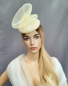 Beige Pillbox Hat Fascinator, with Cream Swirl, Percher hat, Kentucky Derby, Mother of the bride,  Races Headpiece