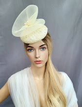 Load image into Gallery viewer, Beige Pillbox Hat Fascinator, with Cream Swirl, Percher hat, Kentucky Derby, Mother of the bride,  Races Headpiece