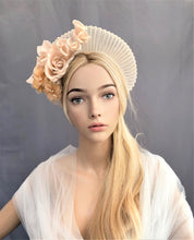 Load image into Gallery viewer, Beige Fascinator Headband, Silk Rose Flower, Halo Crown Headpiece, Ascot Races