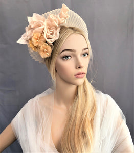 Beige Fascinator Headband, Silk Rose Flower, Halo Crown Headpiece, Ascot Races