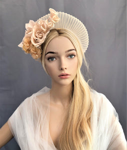 Beige Fascinator Headband, Silk Rose Flower, Halo Crown Headpiece, Ascot Races