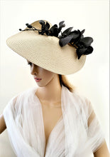 Load image into Gallery viewer, Beige Hatinator, Black Orchid Flower Fascinator, Percher Hat, Saucer, Races , wedding headpiece, Mother of the Bride, Ascot hat