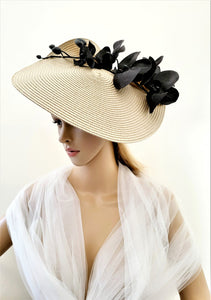 Beige Hatinator, Black Orchid Flower Fascinator, Percher Hat, Saucer, Races , wedding headpiece, Mother of the Bride, Ascot hat