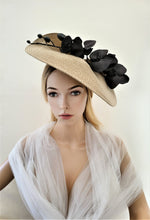 Load image into Gallery viewer, Beige Hatinator, Black Orchid Flower Fascinator, Percher Hat, Saucer, Races , wedding headpiece, Mother of the Bride, Ascot hat