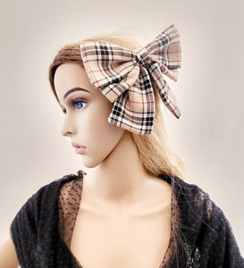 Beige Tartan Plaid Bow, Luxury Hair Clip, Barrette, Fascinator, 16 cms wide, Oversized Style