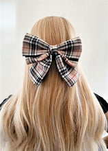Load image into Gallery viewer, Beige Tartan Plaid Bow, Luxury Hair Clip, Barrette, Fascinator, 16 cms wide, Oversized Style