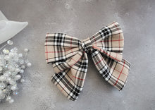 Load image into Gallery viewer, Beige Tartan Plaid Bow, Luxury Hair Clip, Barrette, Fascinator, 16 cms wide, Oversized Style
