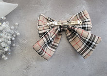 Load image into Gallery viewer, Beige Tartan Plaid Bow, Luxury Hair Clip, Barrette, Fascinator, 16 cms wide, Oversized Style