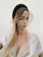 Load image into Gallery viewer, Black Velvet Veil Net Fascinator Headband Padded, with Blusher Veil, Halo Races Headpiece, 4 cms wide,