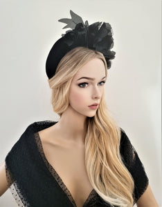 Black Flower Headpiece Fascinator, Velvet high padded headband, mother of the bride, halo, crown, Ascot hat