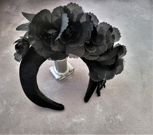 Black Flower Headpiece Fascinator, Velvet high padded headband, mother of the bride, halo, crown, Ascot hat