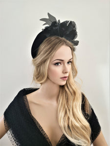 Black Flower Headpiece Fascinator, Velvet high padded headband, mother of the bride, halo, crown, Ascot hat