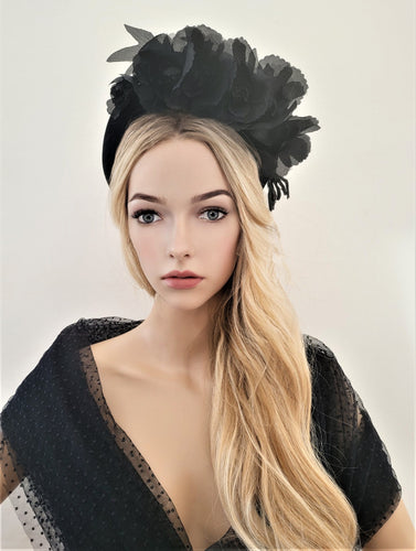 Black Flower Headpiece Fascinator, Velvet high padded headband, mother of the bride, halo, crown, Ascot hat