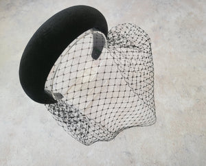 Black Velvet Veil Net Fascinator Headband Padded, with Blusher Veil, Halo Races Headpiece, 4 cms wide,