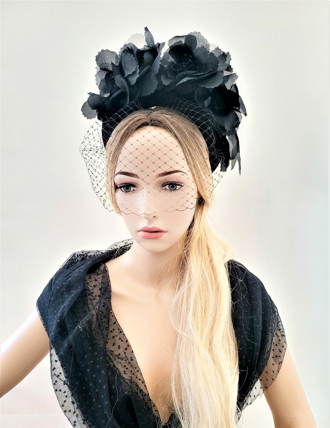 Black Flower Headpiece Fascinator, With Veil, Velvet high padded headband