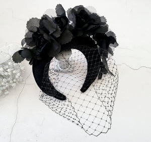 Black Flower Headpiece Fascinator, With Veil, Velvet high padded headband