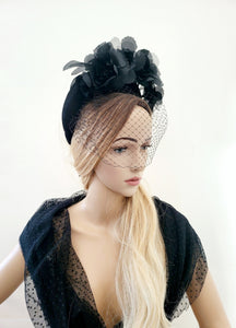 Black Flower Headpiece Fascinator, With Veil, Velvet high padded headband