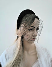 Load image into Gallery viewer, Black Velvet Veil Net Fascinator Headband Padded, with Blusher Veil, Halo Races Headpiece, 4 cms wide,