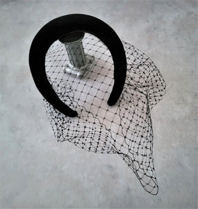 Black Velvet Veil Net Fascinator Headband Padded, with Blusher Veil, Halo Races Headpiece, 4 cms wide,