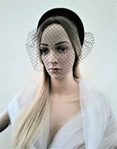 Black Velvet Veil Net Fascinator Headband Padded, with Blusher Veil, Halo Races Headpiece, 4 cms wide,