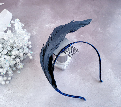 Navy Blue Feather Design Fascinator, Leather Headpiece, Optional Blusher Veil, Headband,