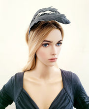 Load image into Gallery viewer, Navy Blue Feather Design Fascinator, Leather Headpiece, Optional Blusher Veil, Headband,