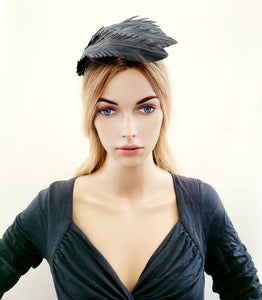 Navy Blue Feather Design Fascinator, Leather Headpiece, Optional Blusher Veil, Headband,