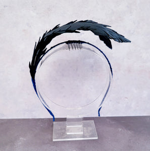 Navy Blue Feather Design Fascinator, Leather Headpiece, Optional Blusher Veil, Headband,
