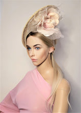 Load image into Gallery viewer, Blush Large Flower Fascinator, Percher Hat, Beige Saucer, Races , Hatinator, wedding headpiece,