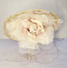 Load image into Gallery viewer, Blush Large Flower Fascinator, Percher Hat, Beige Saucer, Races , Hatinator, wedding headpiece,