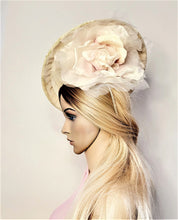 Load image into Gallery viewer, Blush Large Flower Fascinator, Percher Hat, Beige Saucer, Races , Hatinator, wedding headpiece,