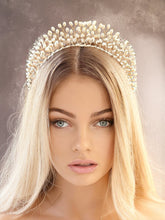 Load image into Gallery viewer, Goddess Pearl Bead Tiara, Gold wire Grecian Style Headpiece, Bridal