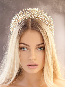 Goddess Pearl Bead Tiara, Gold wire Grecian Style Headpiece, Bridal