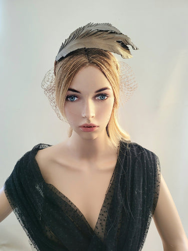 Bronze Brown Feather Design Fascinator, Leather Headpiece,Blusher Veil