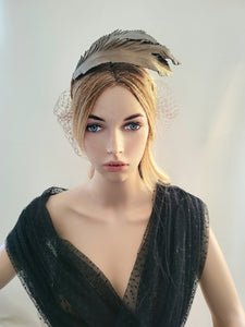 Bronze Brown Feather Design Fascinator, Leather Headpiece,Blusher Veil