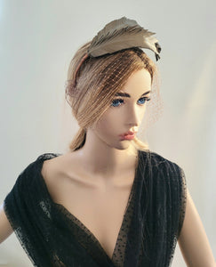 Bronze Brown Feather Design Fascinator, Leather Headpiece,Blusher Veil