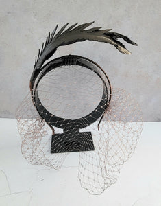 Bronze Brown Feather Design Fascinator, Leather Headpiece,Blusher Veil