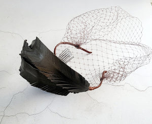 Bronze Brown Feather Design Fascinator, Leather Headpiece,Blusher Veil
