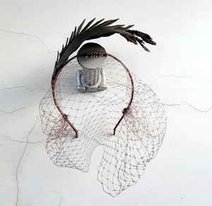 Bronze Brown Feather Design Fascinator, Leather Headpiece,Blusher Veil