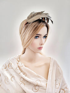 Bronze Brown Feather Design Fascinator, Leather Headpiece,Blusher Veil