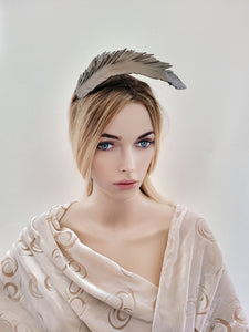 Bronze Brown Feather Design Fascinator, Leather Headpiece,Blusher Veil