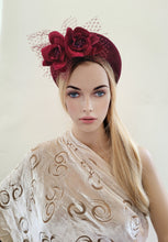 Load image into Gallery viewer, Burgundy Wind Red Flower  Halo Crown Fascinator, Velvet Tall Headband, 6.5 cms Wide