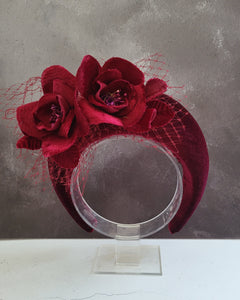 Burgundy Wind Red Flower  Halo Crown Fascinator, Velvet Tall Headband, 6.5 cms Wide