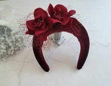 Load image into Gallery viewer, Burgundy Wind Red Flower  Halo Crown Fascinator, Velvet Tall Headband, 6.5 cms Wide